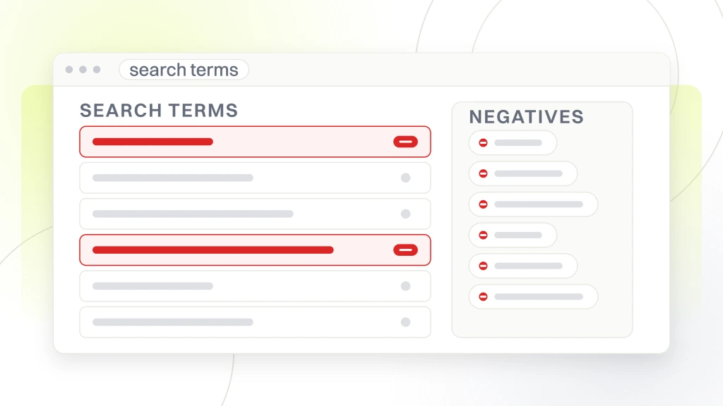 PPC Keyword Strategy for Clean Beauty. A search terms report in an ads account, six query rows with two flagged for exclusion and carried into the negative keyword list beside it.