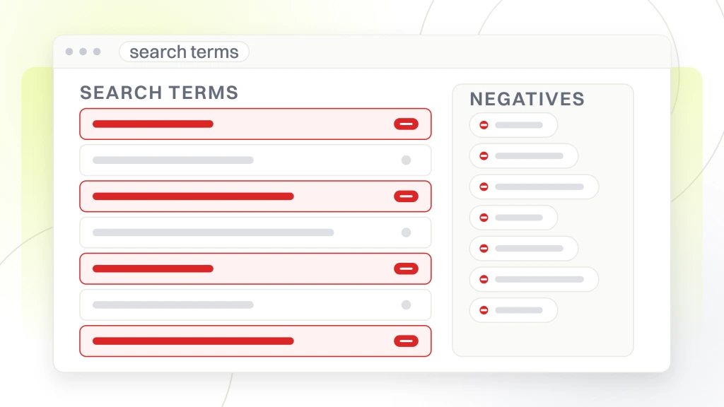 Real Estate PPC Strategies. A search terms report window listing seven queries with four flagged for exclusion, beside a negatives panel holding the chips those exclusions become.