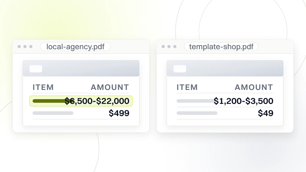 Small Business Web Design Services Near Me. Two quotes side by side. The left prices a real agency build at $6,500 to $22,000 on a $499 monthly retainer. The right prices a template shop build at $1,200 to $3,500 on a $49 retainer.