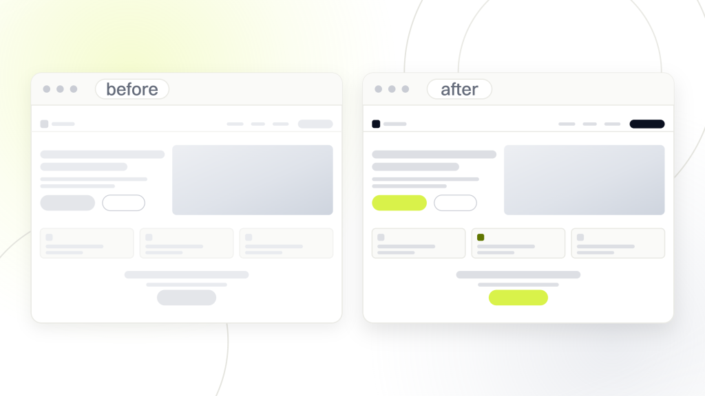 Search optimization companies. Two browser windows side by side labeled before and after, the left dim with a grey button and the right live with photography and a lime call to action.