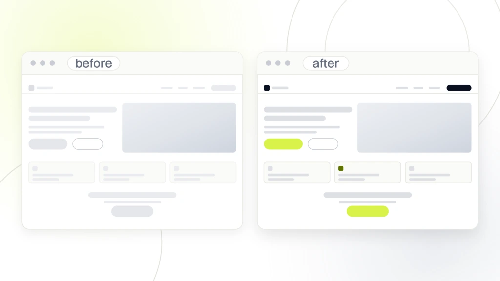 Search optimization companies. Two browser windows side by side labeled before and after, the left dim with a grey button and the right live with photography and a lime call to action.