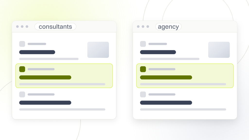 Search engine optimization consultants. Two search results windows side by side labeled consultants and agency, each listing four results with the same one highlighted in both.