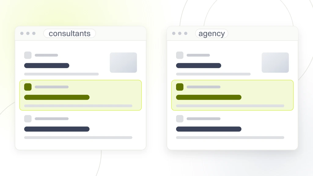 Search engine optimization consultants. Two search results windows side by side labeled consultants and agency, each listing four results with the same one highlighted in both.