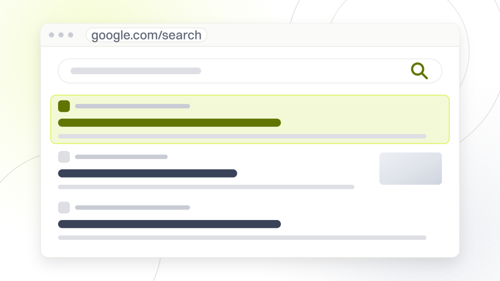 Search engine optimization consultants. A search results page with the query box, the tab rail, four organic listings with the first highlighted, and two rows of related search pills.
