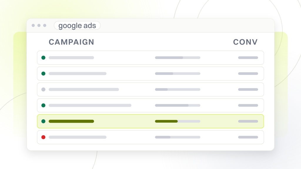 SEM checker tool. A Google Ads account window listing six campaign rows with a daily budget rail down the side, the fifth row highlighted.