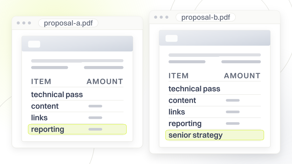 SEO agency. Two proposal documents side by side, the left listing four workstreams and the right listing five, with the last line highlighted on each.
