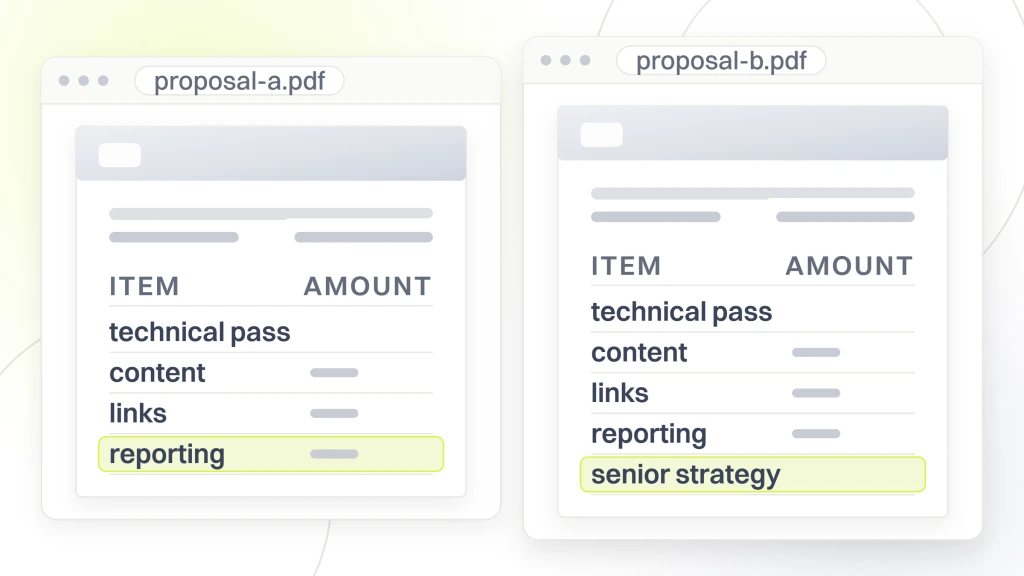 SEO agency. Two proposal documents side by side, the left listing four workstreams and the right listing five, with the last line highlighted on each.