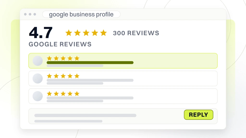 SEO for Pet Businesses. A Google Business Profile review panel showing a 4.7 average with its stars and a 300 reviews count, three review rows beneath it and a reply composer at the foot.