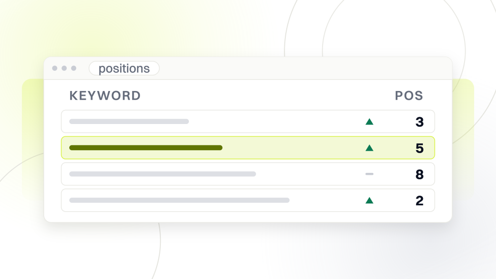 SEO ranking. A rank tracker window with four keyword rules, each carrying its own movement arrow and its own position.