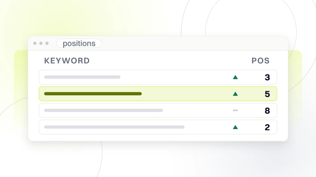 SEO ranking. A rank tracker window with four keyword rules, each carrying its own movement arrow and its own position.