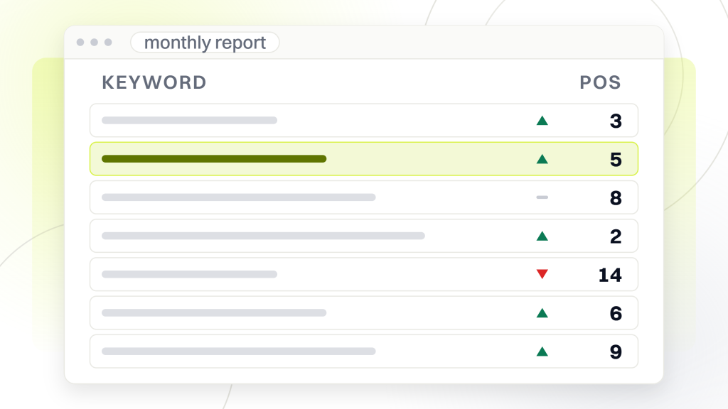 SEO services. A dense rank tracker window listing seven keyword rules with movement arrows and positions, the fourth row highlighted.