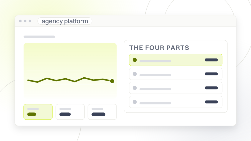 SEO agency platform. A dashboard with a flat plot on the left and a table on the right listing crawler, keyword database, backlink index and reporting layer.