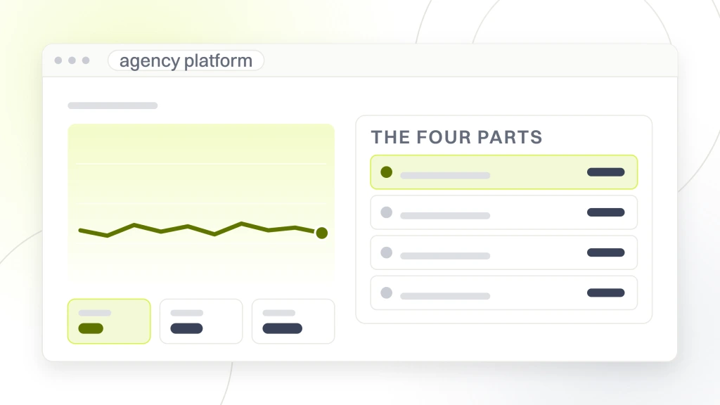 SEO agency platform. A dashboard with a flat plot on the left and a table on the right listing crawler, keyword database, backlink index and reporting layer.