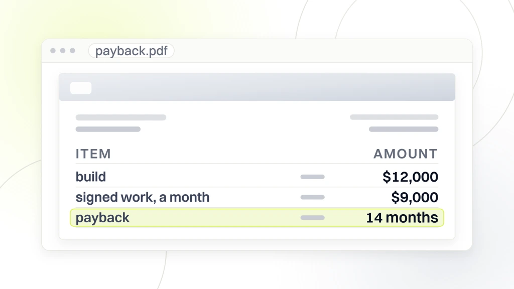 A payback document open in a viewer, addressed to a client, listing a $12,000 build, $9,000 a month in signed work and a 14 month payback, with the payback line highlighted, from a guide to small Business Web Design and Development.
