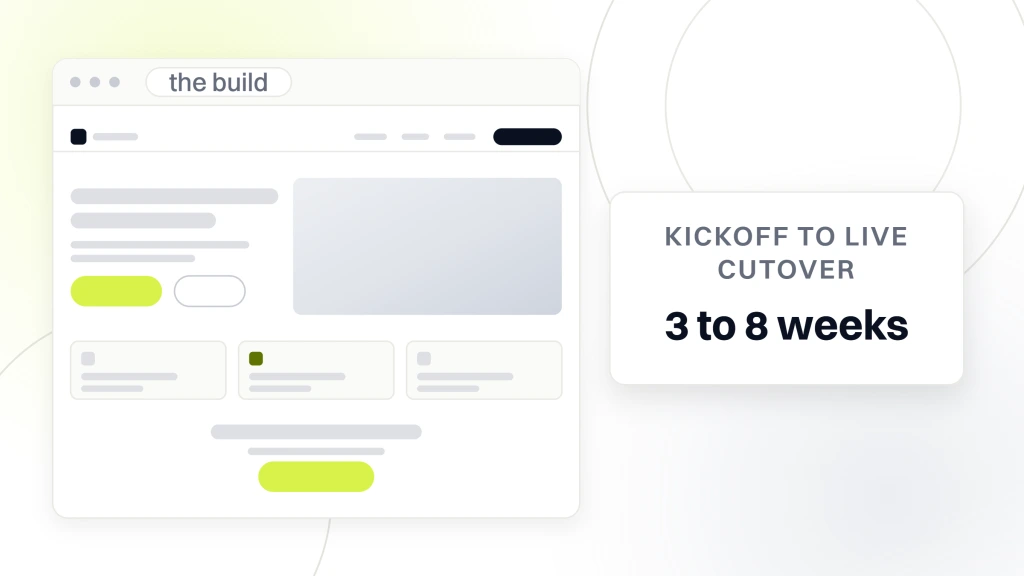 Small Business Website. A finished service business site in browser chrome, showing its nav, a photographic hero, a row of service cards and a call to action band, beside a card reading 3 to 8 weeks from kickoff to live cutover.