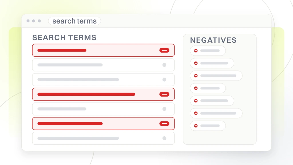 Google Ads Management San Diego. A search terms report in an ads account with seven query rows, three flagged for exclusion and carried into the negative keyword list beside the report.