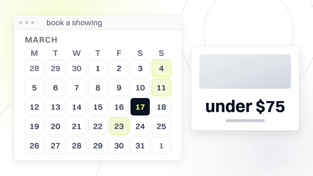 Real Estate Marketing Ideas. A booking calendar window showing a month grid with available dates tinted and one date picked, beside a card reading under $75 cost per booked showing.