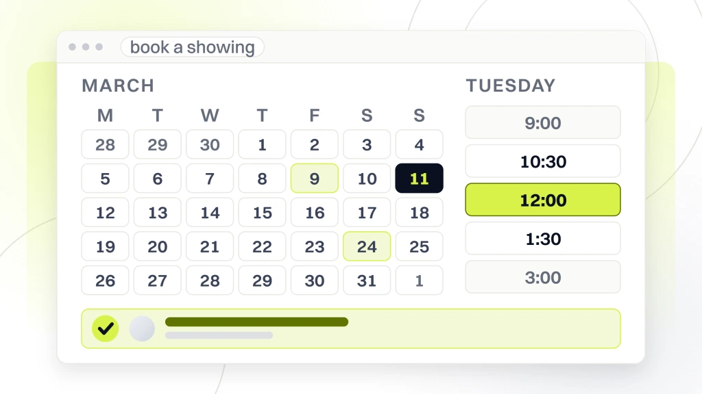 Unique Real Estate Marketing Ideas. A booking screen showing a month grid with a date picked, a column of time slots with two already gone and one taken, and the appointment it produced confirmed beside it.