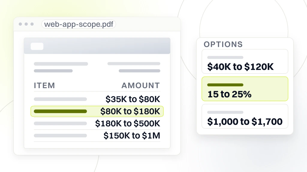Web Application Design and Development. A scope document open in a viewer listing an MVP at $35K to $80K, a standard multi-role build at $80K to $180K highlighted, enterprise at $180K to $500K and custom SaaS at $150K to $1M, beside an options card holding a companion mobile app at $40K to $120K, a retainer at 15 to 25 percent of build annually and an MVP retainer at $1,000 to $1,700 a month.