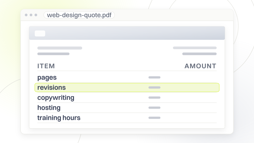 Web design packages. A web design quote addressed to a client listing pages, revisions, copywriting, hosting and training hours with the amount column left as rules.