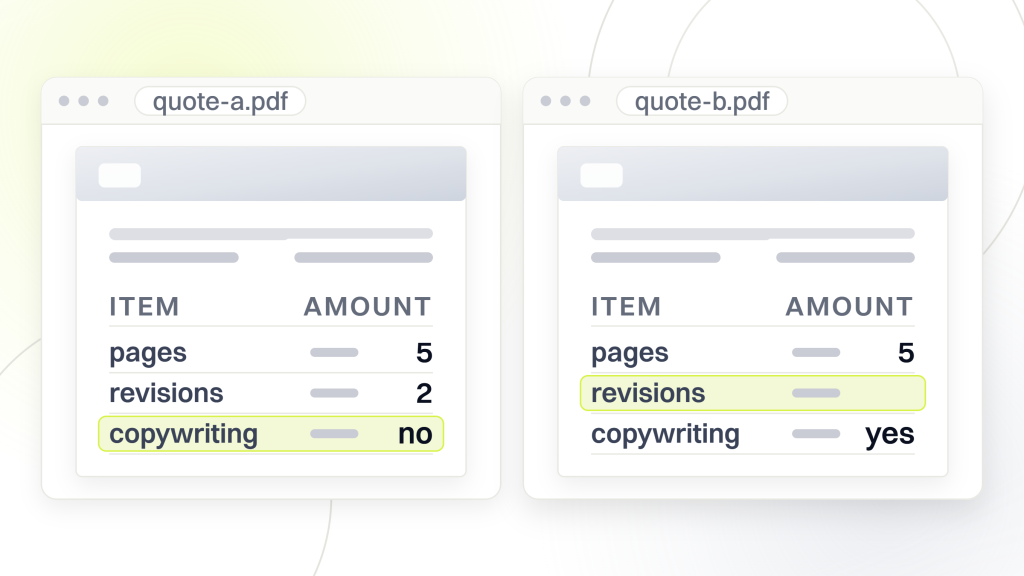 Website design packages. Two web design quotes side by side, both listing five pages, one naming two revisions and no copywriting, the other leaving revisions blank and including copywriting.