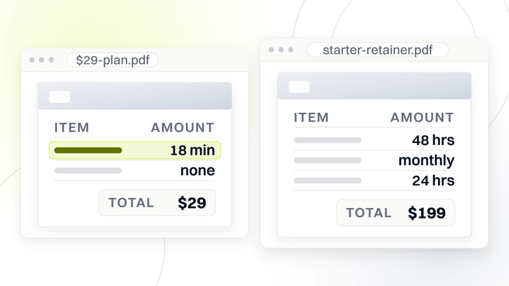 Website maintenance package pricing. Two retainer documents side by side. The left totals $29 and buys eighteen minutes of developer time a month with no staged testing. The right totals $199 and carries automated updates inside 48 hours, a monthly report and a 24 hour outage response.