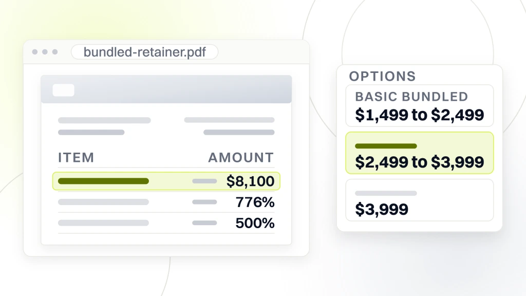 Dental website maintenance. A results document open in a viewer showing $8,100 of added monthly recurring revenue highlighted, a 776 percent climb in search impressions and 500 percent marketing ROI, beside an options card holding the three bundled retainer tiers: $1,499 to $2,499, $2,499 to $3,999 and $3,999 and up.