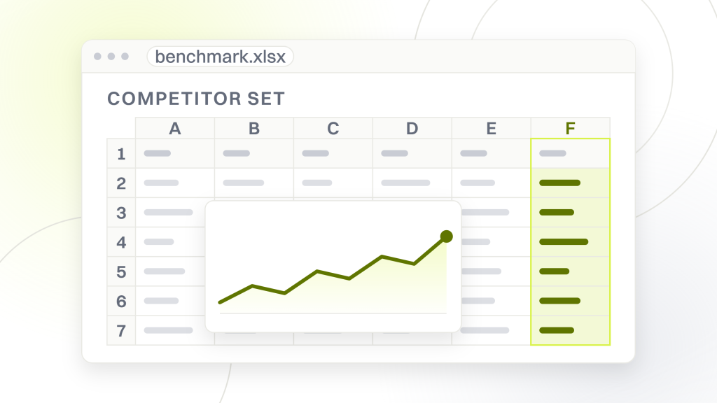 Benchmark SEO. A spreadsheet window holding a benchmark export, six columns of cells with a highlighted read column on the right, one row per competitor being measured.