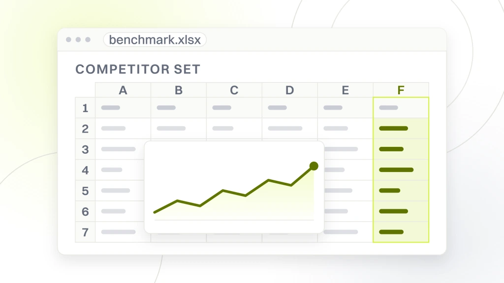 Benchmark SEO. A spreadsheet window holding a benchmark export, six columns of cells with a highlighted read column on the right, one row per competitor being measured.