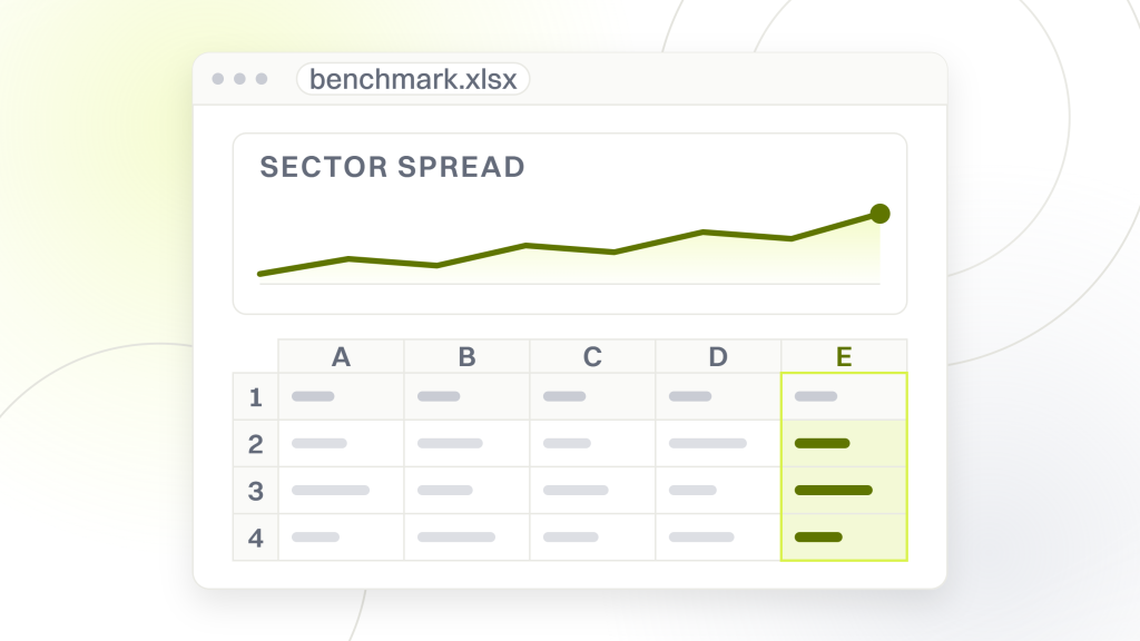 Free SEO competitor analysis. A spreadsheet window with a chart card over the table it was built from, showing a spread of values rather than the single number a published benchmark table prints.