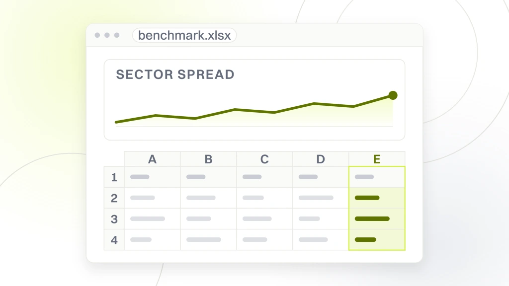 Free SEO competitor analysis. A spreadsheet window with a chart card over the table it was built from, showing a spread of values rather than the single number a published benchmark table prints.