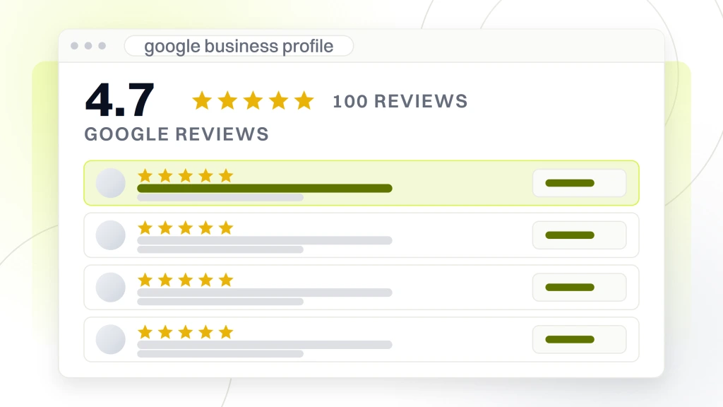 Dental SEO Strategies. A review panel in a window showing a 4.7 average with its stars and a 100 review count, above four review rows.