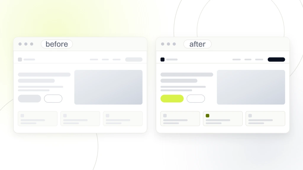 Two browser windows side by side, labeled before and after, showing a veterinary clinic page with dim furniture on the left and a finished build with photography and a lime booking button on the right, from a guide to pet Web Design.