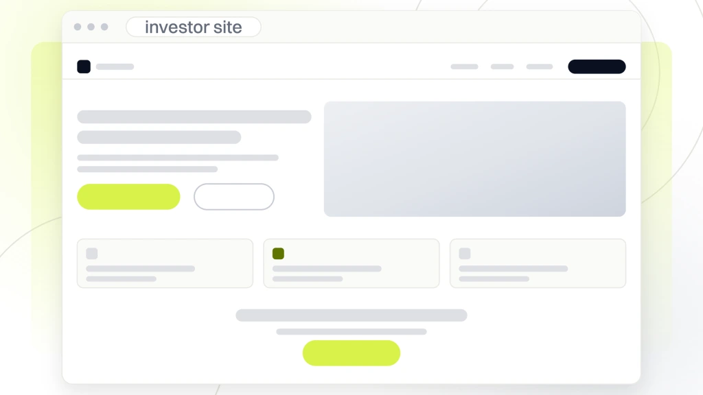 Real Estate Investor Website Design. A browser window showing an investor site with navigation, a hero carrying a lime offer button, a row of recent deal cards and a closing call to action band.