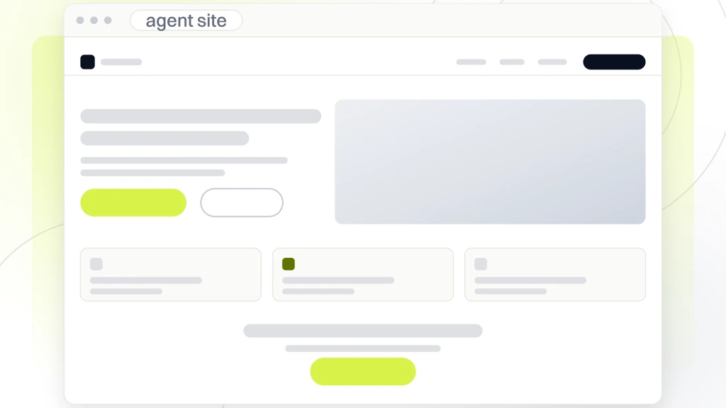 Best Real Estate Website Designs. A real estate website in browser chrome showing the navigation, a photographic hero with its lime call to action, a row of listing cards and a closing band.