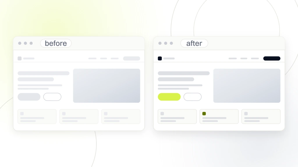 Two real estate website windows side by side labeled before and after, the first with dim furniture and a grey button, the second with live photography and a lime call to action, from a guide to best Real Estate Website Designs.