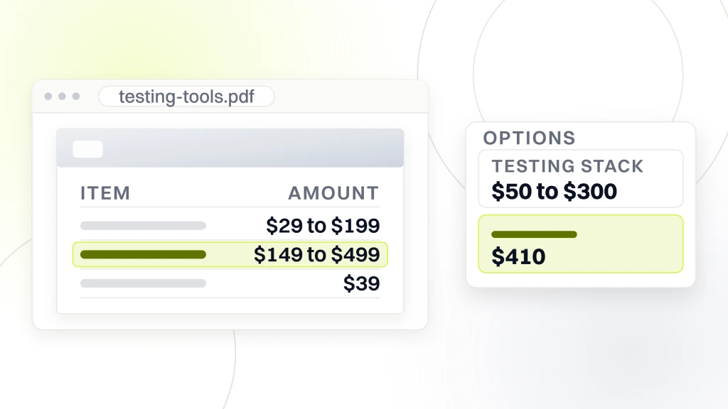Web Design and Development Tools. A document listing BrowserStack at $29 to $199 per user, Percy at $149 to $499 and Marker.io at $39, beside two cards reading $50 to $300 for the testing stack and $410 for the team of six in production.