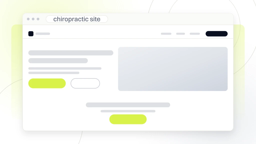 Chiropractor Web Design. A browser window showing a chiropractic practice site with navigation, a hero carrying a photograph and a lime book button, and a call to action band under it.