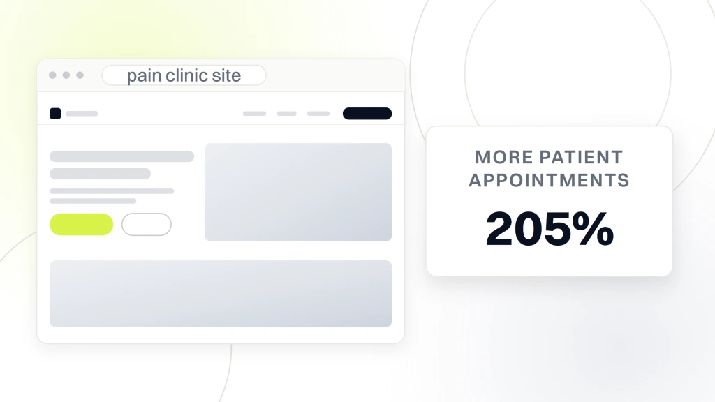 Web design for chiropractors. A browser window showing a rebuilt clinic site with navigation, a hero and a trust band, beside a card reading 205% more patient appointments.