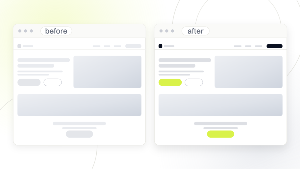 Website UX audit company. Two browser windows side by side labeled before and after, the same page drawn with dim furniture and a grey button on one side and live photography and a lime button on the other.