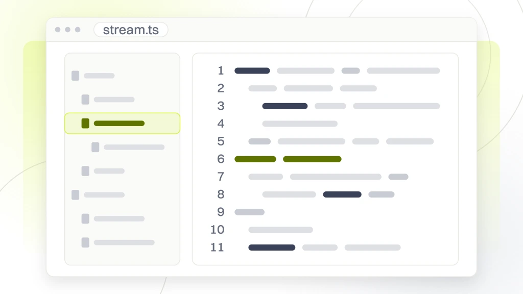 Custom Web Development Services AI Integration. A code editor with a file tree on the left and a syntax pane on the right showing eleven lines of a streaming handler, one line highlighted.