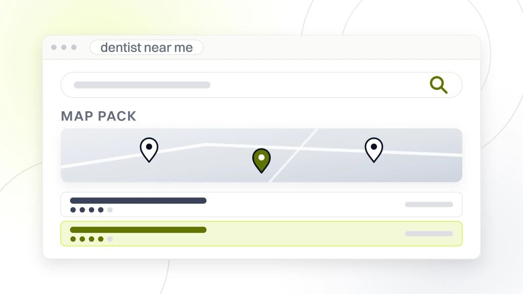 Dental Local SEO. A search results page in a window showing a map with three pins above three local listings with rating dots, the middle listing highlighted.