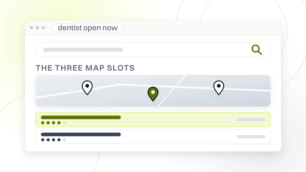 Rank for dentist near me. A search results page showing a map with pins above three local listings with rating dots, the first listing highlighted.