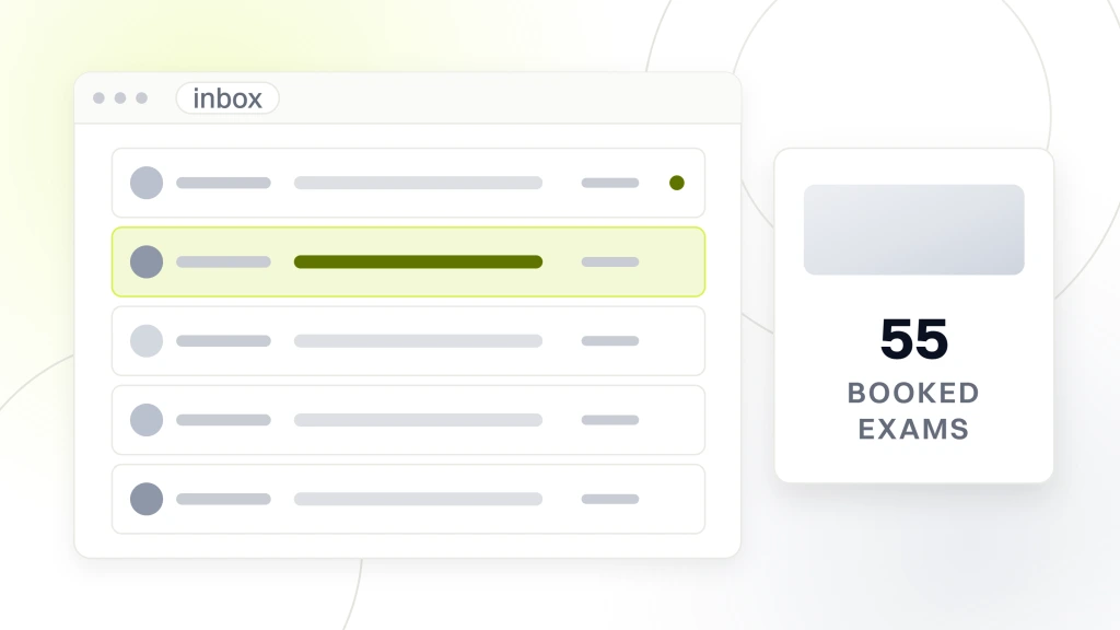 An email client window listing five sends, beside a card reading 55 labeled booked exams, from a guide to email Marketing for Chiropractors.