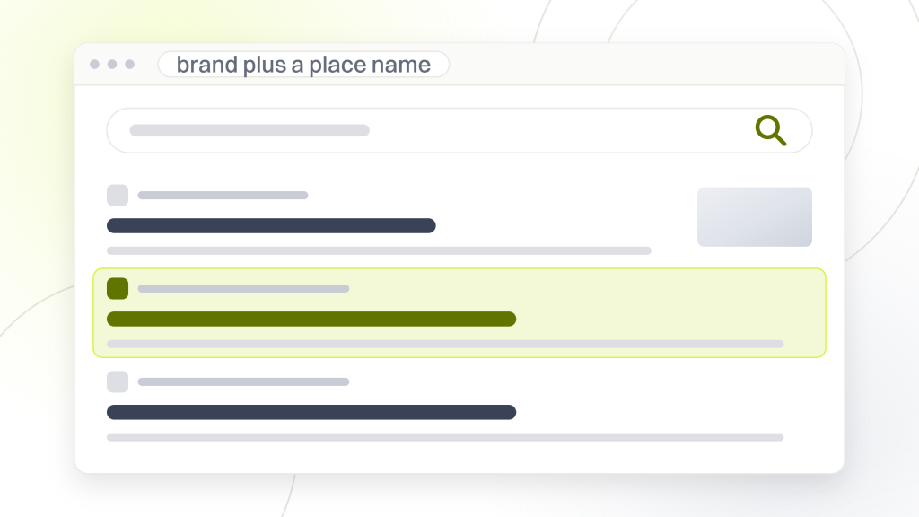 Franchise website audit checklist. A search results page with a query box, four organic listings with one highlighted and a row of related search pills beneath, the screen that shows which location page Google picked.