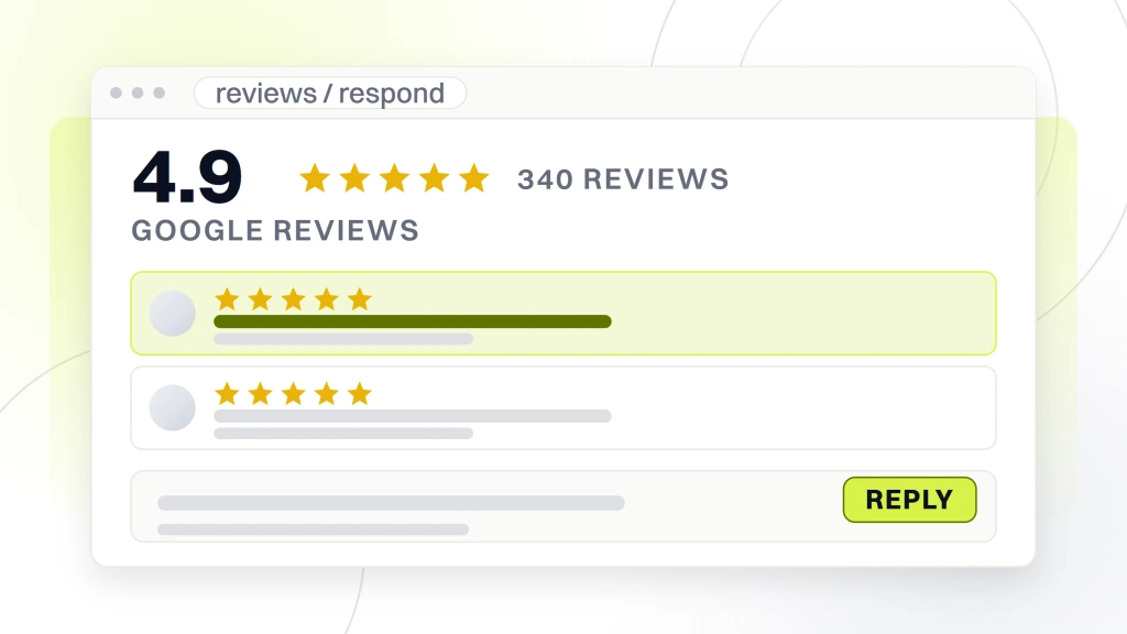 Dental Google Reviews. A review panel showing a 4.9 average over 340 reviews, two review rows, and the reply composer open underneath them.