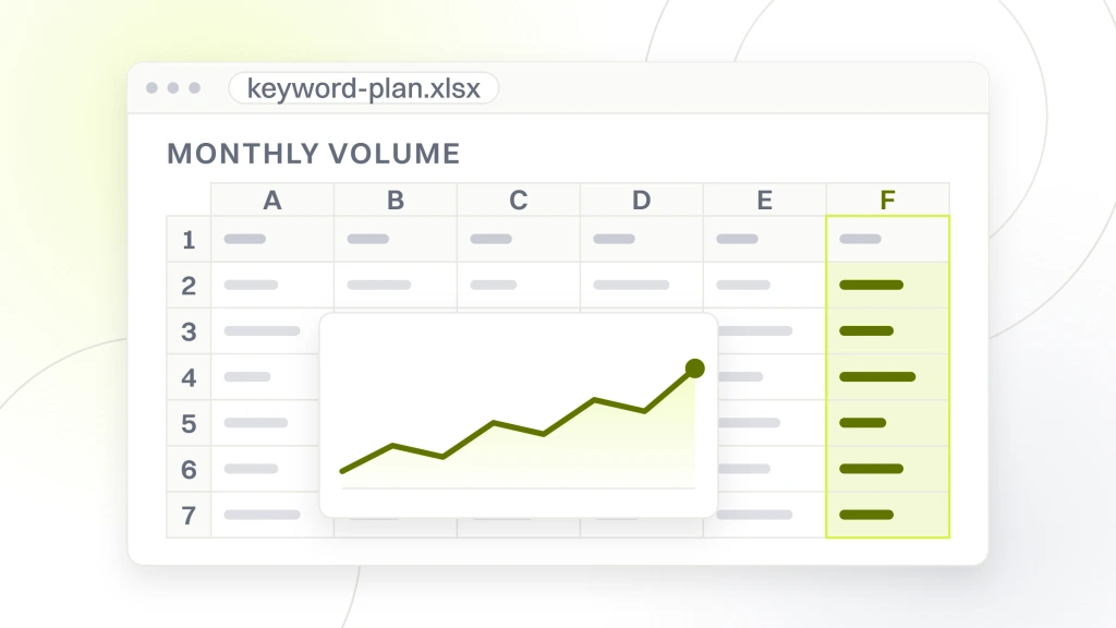 Healthcare SEO Keywords. A spreadsheet export open in a window, six columns of cells with a monthly volume column and a chart object sitting over them.
