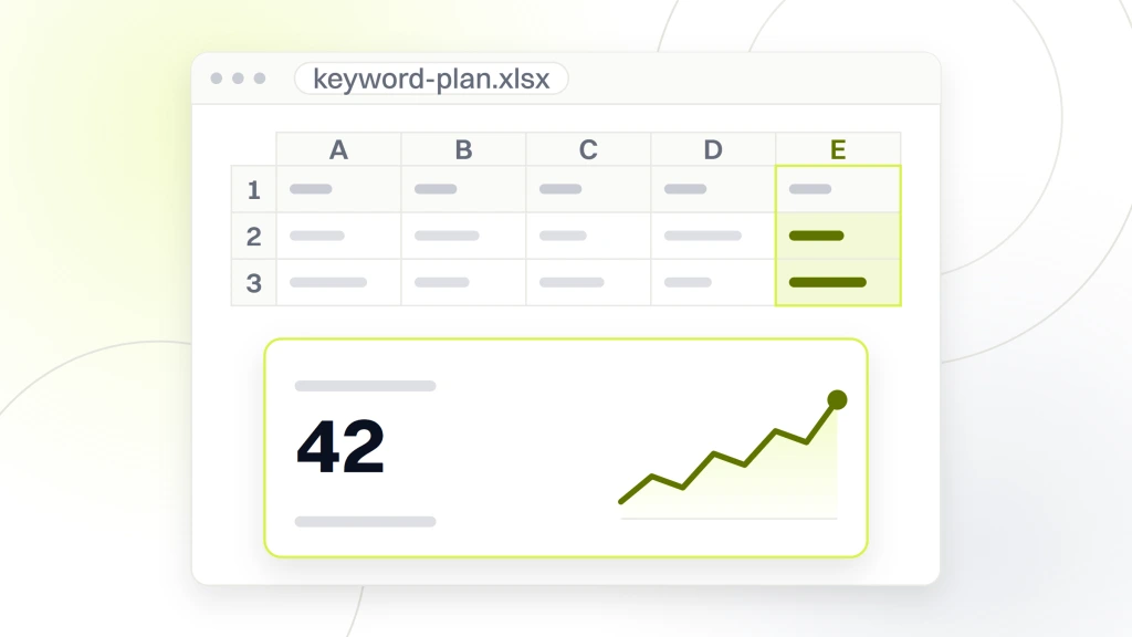 SEO keyword research service healthcare. A spreadsheet with one cell pulled out and magnified to read 42, labeled as the target pages clustered from a 200 keyword list.
