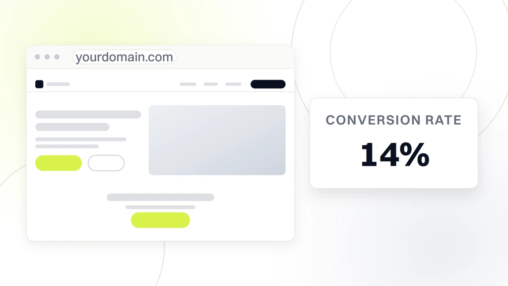 Real estate landing page PPC. A rebuilt landing page in browser chrome with its photographic hero and a call to action band, beside a card reading 14% over the words conversion rate.
