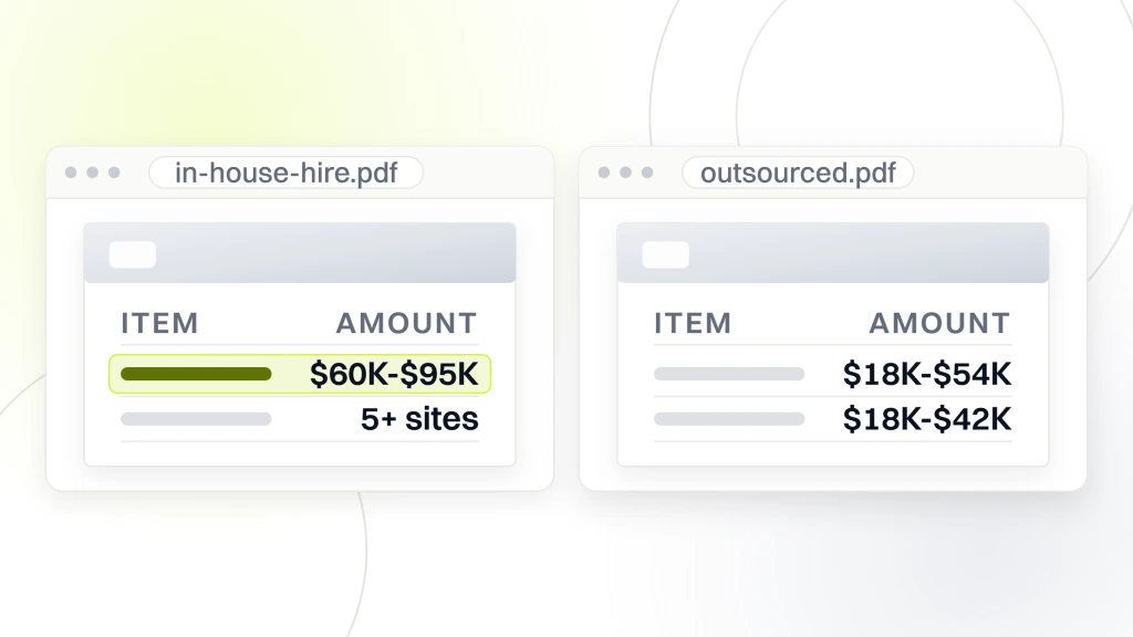 Best dental SEO companies. Two documents side by side. The left prices a fully loaded in-house hire at $60K to $95K a year, suited to groups of five or more locations. The right prices an agency retainer at $18K to $54K and a fractional consultant at $18K to $42K a year.